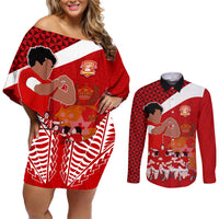 Tonga Rugby Couples Matching Off Shoulder Short Dress and Long Sleeve Button Shirts Sipi Tau Dance Coat of Arms Ngatu Pattern LT03 Red - Polynesian Pride