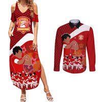 Tonga Rugby Couples Matching Summer Maxi Dress and Long Sleeve Button Shirts Sipi Tau Dance Coat of Arms Ngatu Pattern LT03 Red - Polynesian Pride