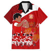Personalised Tonga Rugby Family Matching Off Shoulder Short Dress and Hawaiian Shirt Sipi Tau Dance Coat of Arms Ngatu Pattern LT03 Dad's Shirt - Short Sleeve Red - Polynesian Pride