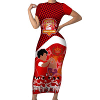 Personalised Tonga Rugby Short Sleeve Bodycon Dress Sipi Tau Dance Coat of Arms Ngatu Pattern LT03 Long Dress Red - Polynesian Pride
