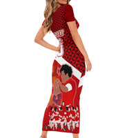 Personalised Tonga Rugby Short Sleeve Bodycon Dress Sipi Tau Dance Coat of Arms Ngatu Pattern LT03 - Polynesian Pride