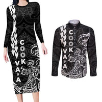 Cook Islands Vaa Polynesian Art Tattoo Couples Matching Long Sleeve Bodycon Dress and Long Sleeve Button Shirt Black Color