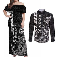 Cook Islands Vaa Polynesian Art Tattoo Couples Matching Off Shoulder Maxi Dress and Long Sleeve Button Shirt Black Color