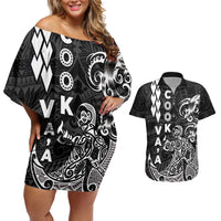 Cook Islands Vaa Polynesian Art Tattoo Couples Matching Off Shoulder Short Dress and Hawaiian Shirt Black Color