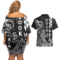 Cook Islands Vaa Polynesian Art Tattoo Couples Matching Off Shoulder Short Dress and Hawaiian Shirt Black Color