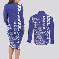 Cook Islands Vaa Polynesian Art Tattoo Couples Matching Long Sleeve Bodycon Dress and Long Sleeve Button Shirt Blue Color