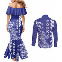 Cook Islands Vaa Polynesian Art Tattoo Couples Matching Mermaid Dress and Long Sleeve Button Shirt Blue Color