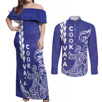 Cook Islands Vaa Polynesian Art Tattoo Couples Matching Off Shoulder Maxi Dress and Long Sleeve Button Shirt Blue Color