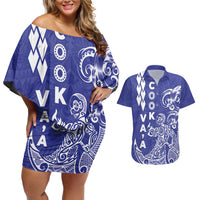 Cook Islands Vaa Polynesian Art Tattoo Couples Matching Off Shoulder Short Dress and Hawaiian Shirt Blue Color