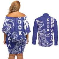 Cook Islands Vaa Polynesian Art Tattoo Couples Matching Off Shoulder Short Dress and Long Sleeve Button Shirt Blue Color