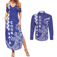 Cook Islands Vaa Polynesian Art Tattoo Couples Matching Summer Maxi Dress and Long Sleeve Button Shirt Blue Color