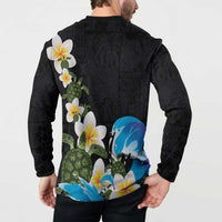 Hawaiian Plumeria and Turtle Button Sweatshirt with Polynesian Tribal Art Pattern Vintage Vibes