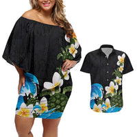 Hawaiian Plumeria and Turtle Couples Matching Off Shoulder Short Dress and Hawaiian Shirt with Polynesian Tribal Art Pattern Vintage Vibes
