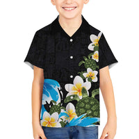 Hawaiian Plumeria and Turtle Kid Hawaiian Shirt with Polynesian Tribal Art Pattern Vintage Vibes LT03 Kid Black - Polynesian Pride