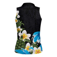 Hawaiian Plumeria and Turtle Women Sleeveless Polo Shirt with Polynesian Tribal Art Pattern Vintage Vibes LT03 - Polynesian Pride