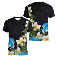 Hawaiian Plumeria and Turtle Women V-Neck T-Shirt with Polynesian Tribal Art Pattern Vintage Vibes LT03 - Polynesian Pride