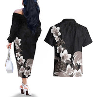 Hawaiian Plumeria and Turtle Couples Matching Off The Shoulder Long Sleeve Dress and Hawaiian Shirt with Polynesian Tribal Art Pattern Grayscale Color