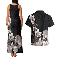 Hawaiian Plumeria and Turtle Couples Matching Tank Maxi Dress and Hawaiian Shirt with Polynesian Tribal Art Pattern Grayscale Color