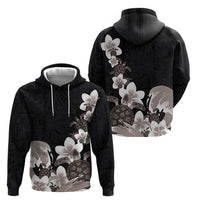 Hawaiian Plumeria and Turtle Hoodie with Polynesian Tribal Art Pattern Grayscale Color