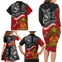 Maori King Movement Family Matching Long Sleeve Bodycon Dress and Hawaiian Shirt Ko Te Mana Motuhake Emblem with Moko and Polynesian Art Tattoo LT03 - Polynesian Pride