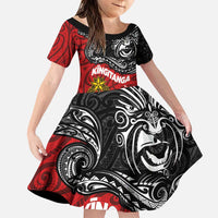 Maori King Movement Family Matching Puletasi and Hawaiian Shirt Ko Te Mana Motuhake Emblem with Moko and Polynesian Art Tattoo LT03 Daughter's Dress Red - Polynesian Pride
