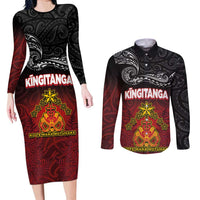 Personalised The Kingitanga - Maori King Movement Couples Matching Long Sleeve Bodycon Dress and Long Sleeve Button Shirt Ko Te Mana Motuhake Emblem with Silver Ferns and Polynesian Art Tattoo