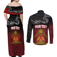 Personalised The Kingitanga - Maori King Movement Couples Matching Off Shoulder Maxi Dress and Long Sleeve Button Shirt Ko Te Mana Motuhake Emblem with Silver Ferns and Polynesian Art Tattoo