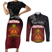 Personalised The Kingitanga - Maori King Movement Couples Matching Short Sleeve Bodycon Dress and Long Sleeve Button Shirt Ko Te Mana Motuhake Emblem with Silver Ferns and Polynesian Art Tattoo