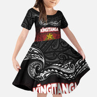Personalised Maori King Movement Family Matching Off Shoulder Maxi Dress and Hawaiian Shirt Ko Te Mana Motuhake Emblem with Silver Ferns and Polynesian Art Tattoo LT03 Daughter's Dress Red - Polynesian Pride
