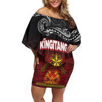 Personalised Maori King Movement Family Matching Off Shoulder Short Dress and Hawaiian Shirt Ko Te Mana Motuhake Emblem with Silver Ferns and Polynesian Art Tattoo LT03 Mom's Dress Red - Polynesian Pride