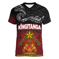 Personalised Maori King Movement Women V-Neck T-Shirt Ko Te Mana Motuhake Emblem with Silver Ferns and Polynesian Art Tattoo LT03 Female Red - Polynesian Pride