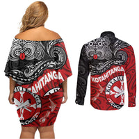 Maori Kotahitanga Couples Matching Off Shoulder Short Dress and Long Sleeve Button Shirt Aotearoa Spirit with Maori Mask and Polynesian Art Tattoo