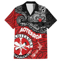 Maori Kotahitanga Family Matching Off Shoulder Short Dress and Hawaiian Shirt Aotearoa Spirit with Maori Mask and Polynesian Art Tattoo LT03 Dad's Shirt - Short Sleeve Red - Polynesian Pride