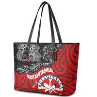 Maori Kotahitanga Leather Tote Bag Aotearoa Spirit with Maori Mask and Polynesian Art Tattoo LT03 - Polynesian Pride