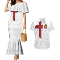 Custom Tonga Ngatu Art Rugby Mate Ma'a Couples Matching Mermaid Dress and Hawaiian Shirt LT03 White - Polynesian Pride