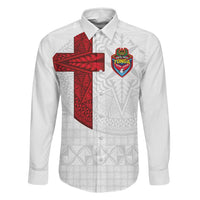 Custom Tonga Ngatu Art Rugby Mate Ma'a Family Matching Off Shoulder Short Dress and Hawaiian Shirt LT03 Dad's Shirt - Long Sleeve White - Polynesian Pride