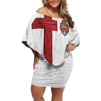 Custom Tonga Ngatu Art Rugby Mate Ma'a Family Matching Off Shoulder Short Dress and Hawaiian Shirt LT03 Mom's Dress White - Polynesian Pride