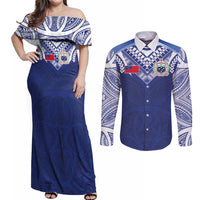 Custom Samoa Rugby Couples Matching Off Shoulder Maxi Dress and Long Sleeve Button Shirt Pacific Motifs - Polynesian Pride
