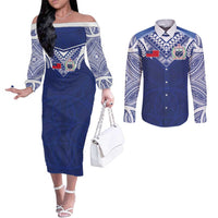 Custom Samoa Rugby Couples Matching Off The Shoulder Long Sleeve Dress and Long Sleeve Button Shirt Pacific Motifs - Polynesian Pride