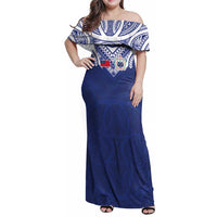 Custom Samoa Rugby Family Matching Off Shoulder Maxi Dress and Hawaiian Shirt Pacific Motifs LT03 Mom's Dress Blue - Polynesian Pride