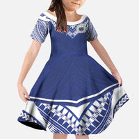 Custom Samoa Rugby Family Matching Off Shoulder Short Dress and Hawaiian Shirt Pacific Motifs LT03 Daughter's Dress Blue - Polynesian Pride