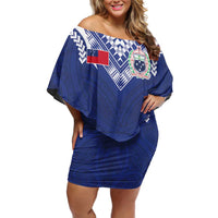 Custom Samoa Rugby Family Matching Off Shoulder Short Dress and Hawaiian Shirt Pacific Motifs LT03 Mom's Dress Blue - Polynesian Pride