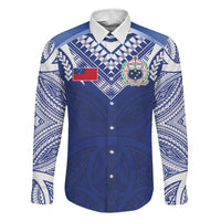 Custom Samoa Rugby Family Matching Short Sleeve Bodycon Dress and Hawaiian Shirt Pacific Motifs LT03 Dad's Shirt - Long Sleeve Blue - Polynesian Pride