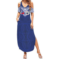 Custom Samoa Rugby Family Matching Summer Maxi Dress and Hawaiian Shirt Pacific Motifs LT03 Mom's Dress Blue - Polynesian Pride