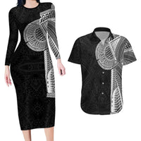 Samoan Tatau Couples Matching Long Sleeve Bodycon Dress and Hawaiian Shirt Art Tribal Traditional Tattoos LT03 Black - Polynesian Pride