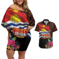 Kiribati Flag and Fireworks Couples Matching Off Shoulder Short Dress and Hawaiian Shirt First Place Welcome the New Year LT03 Black - Polynesian Pride