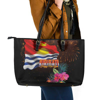 Kiribati Flag and Fireworks Leather Tote Bag First Place Welcome the New Year - Polynesian Pride