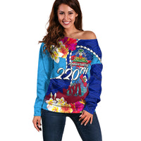 Personalised Haiti 220th Anniversary Independence Day Off Shoulder Sweater Ayiti Flower with Polynesian Pattern LT03 Women Blue - Polynesian Pride