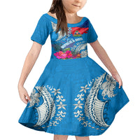 Personalised Haiti Coat Of Arms Family Matching Mermaid Dress and Hawaiian Shirt Repiblik d Ayiti Tropical Flower Blue Polynesian Pattern LT03 Daughter's Dress Blue - Polynesian Pride