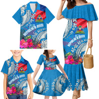 Personalised Haiti Coat Of Arms Family Matching Mermaid Dress and Hawaiian Shirt Repiblik d Ayiti Tropical Flower Blue Polynesian Pattern LT03 - Polynesian Pride